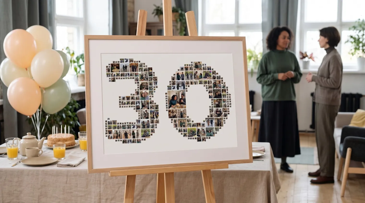 Number 30 photo collage on an easel next to a birthday party table with cake, tea and orange juice