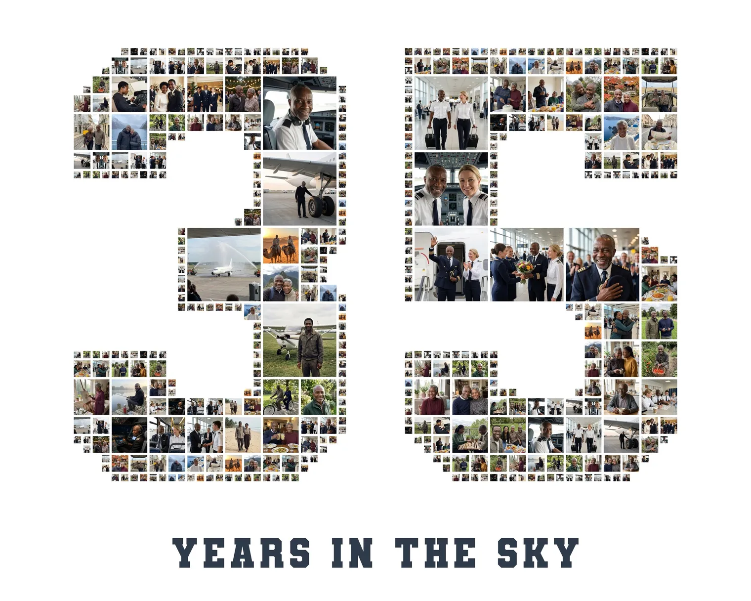 The number 35 in bold block letters made of about 40 photos, with the text line YEARS IN THE SKY below it