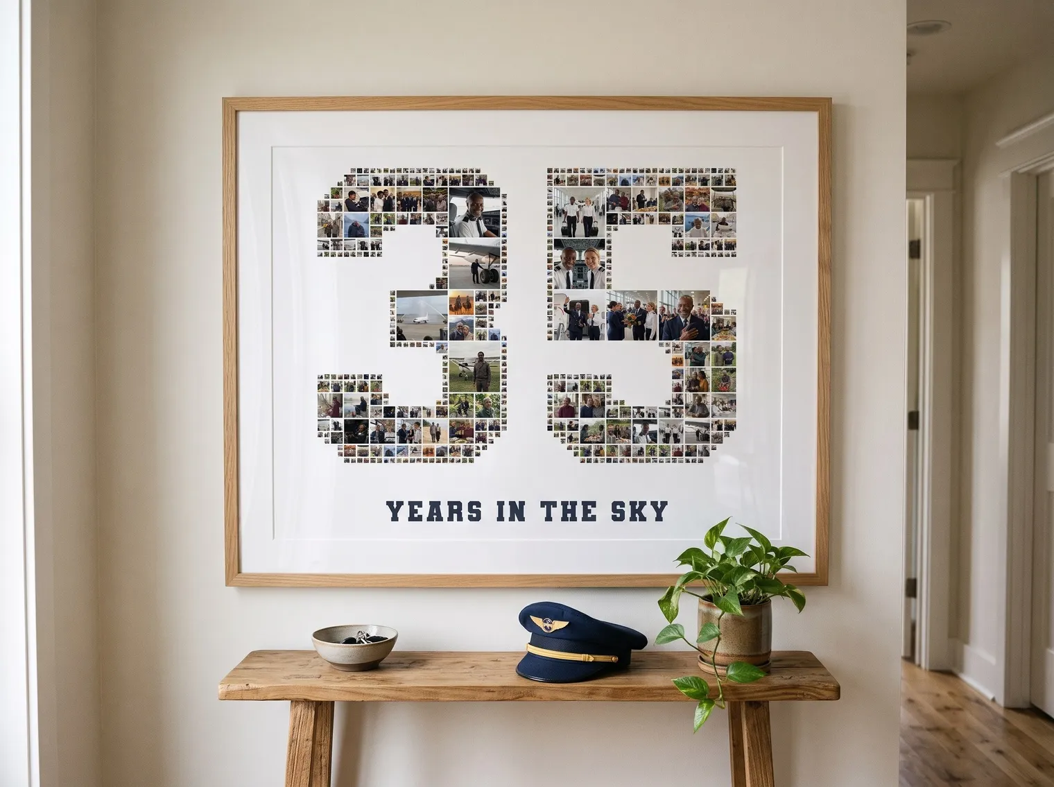The 35 photo collage in an oak frame above a hallway console table with a pilot cap and a plant