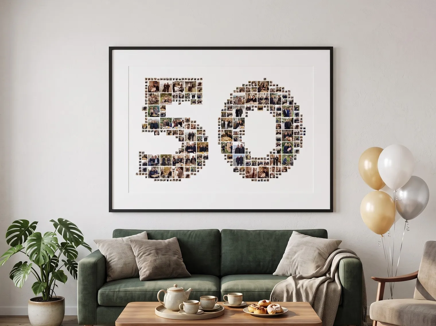 Number 50 photo collage framed above a sofa in a living room with birthday balloons