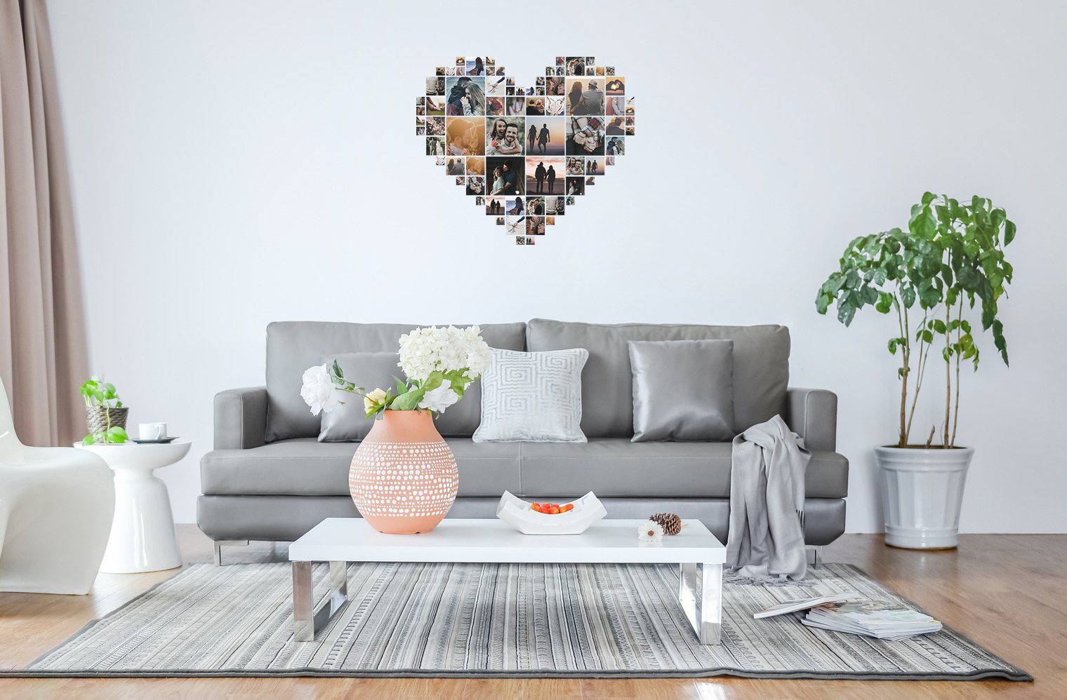 Creative heart-shaped collage photo wall displayed in a modern living room
