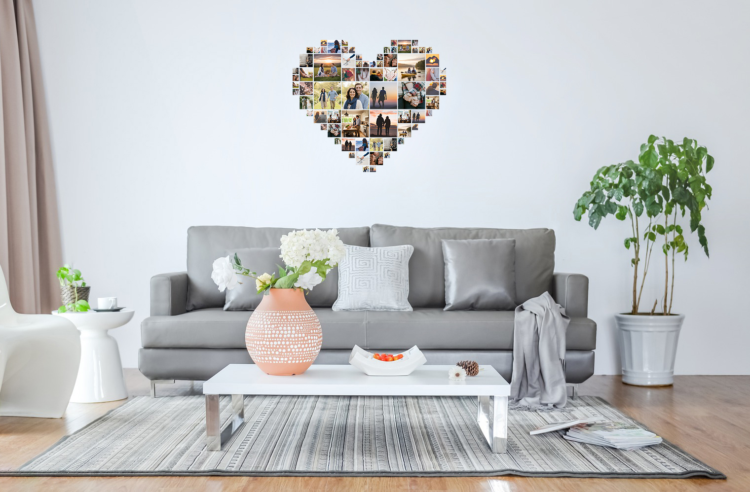 Creative heart-shaped collage photo wall displayed in a modern living room