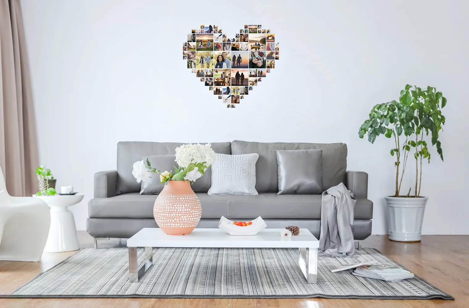 Creative heart-shaped collage photo wall displayed in a modern living room