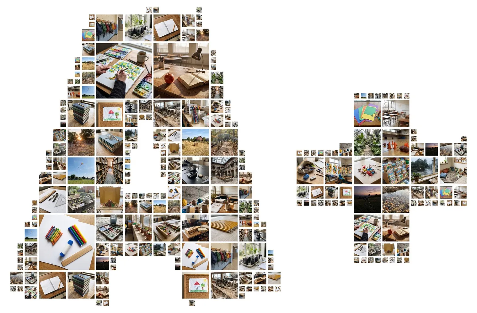 The letters A and plus spelled in small photos of classroom objects and scenery, a gift for a teacher