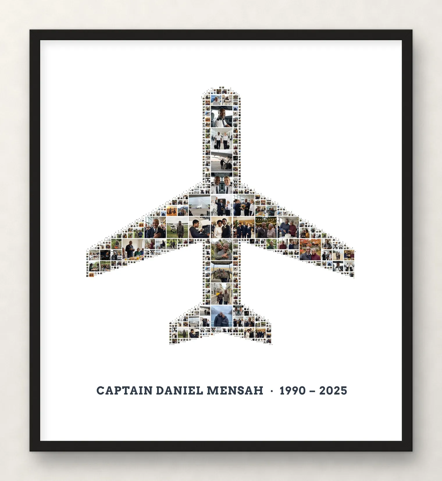The airplane photo collage in a matte-black frame with a white mat on a wall