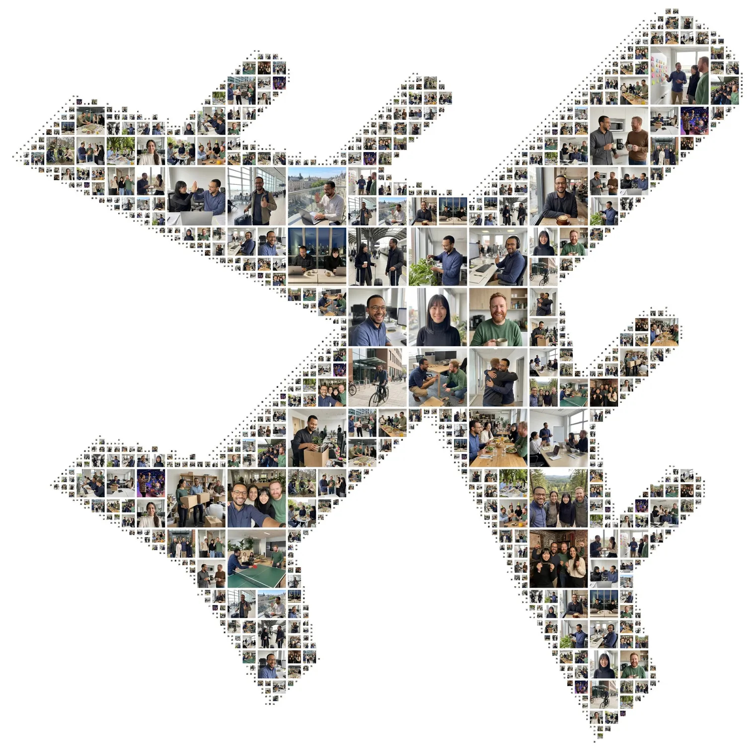 Diagonal airplane-shaped photo collage made of about 40 photos of an office team and a colleague who is leaving