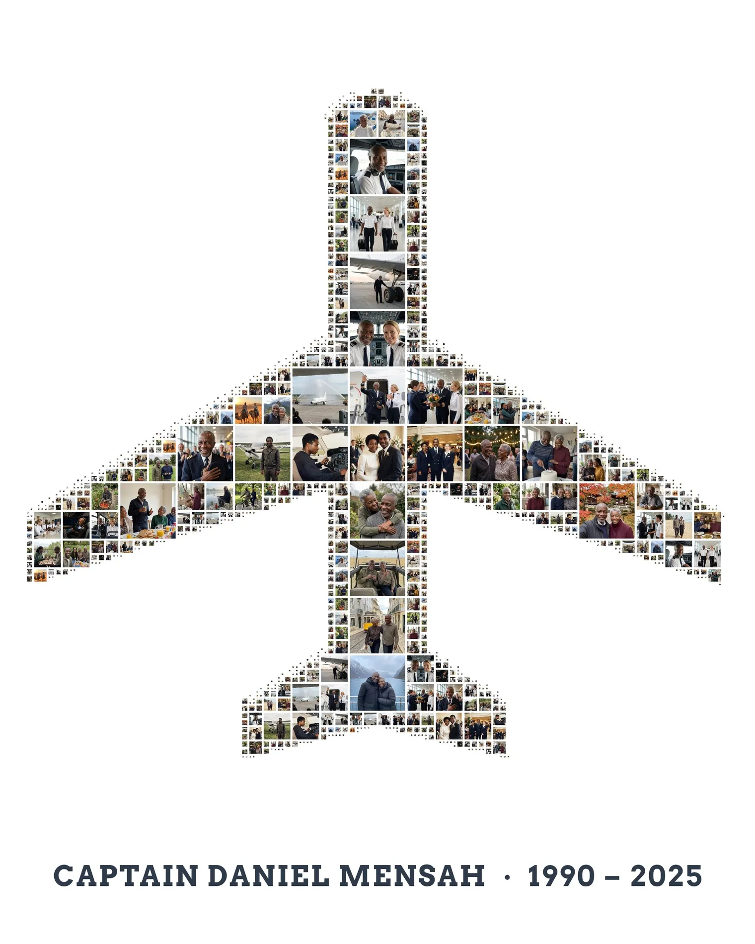 Airplane-shaped photo collage made of about 40 career photos, with the text line CAPTAIN DANIEL MENSAH · 1990 – 2025 below it