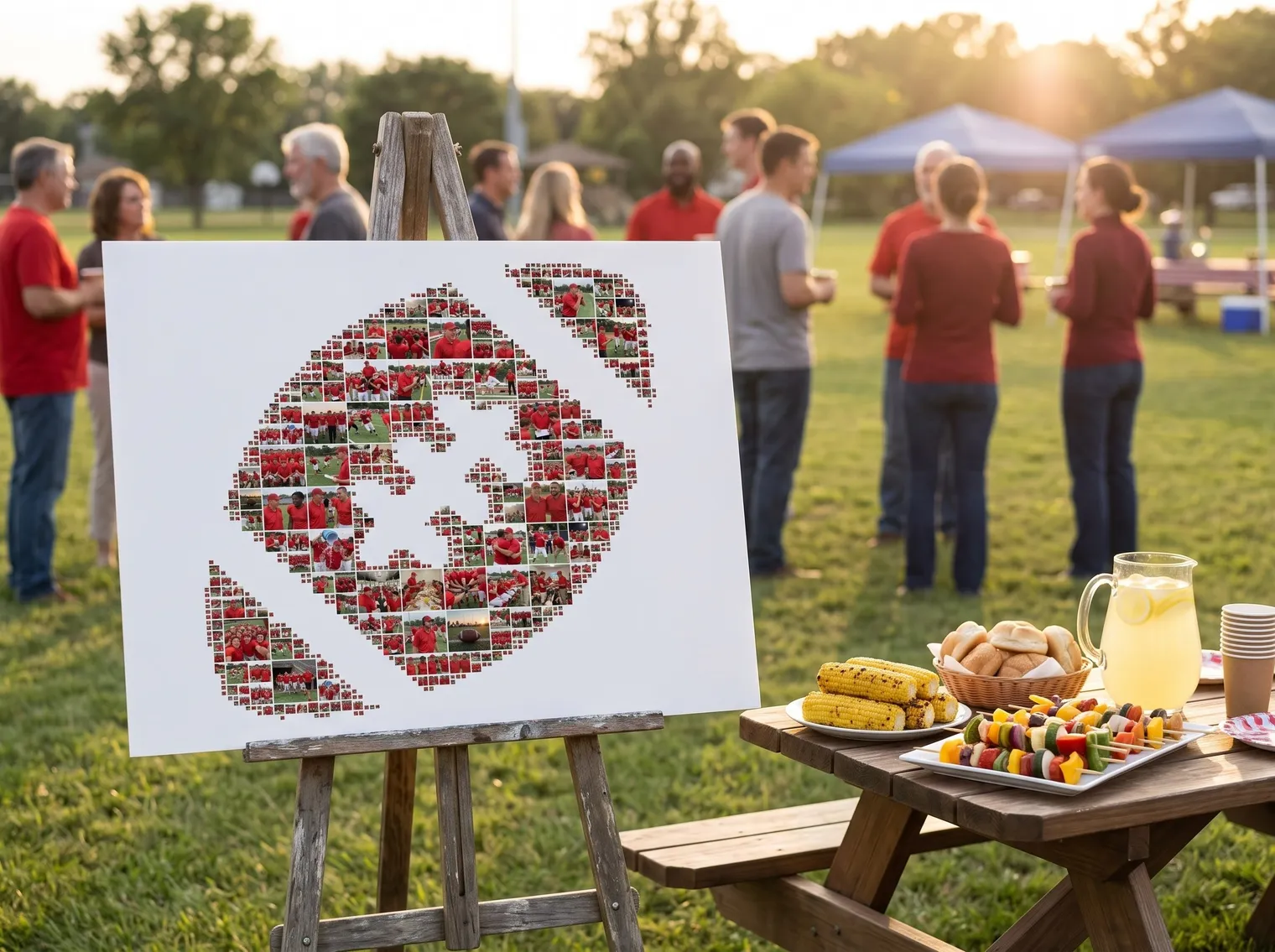 American-football photo collage on a board and easel beside a picnic table with corn, skewers and lemonade at a barbecue