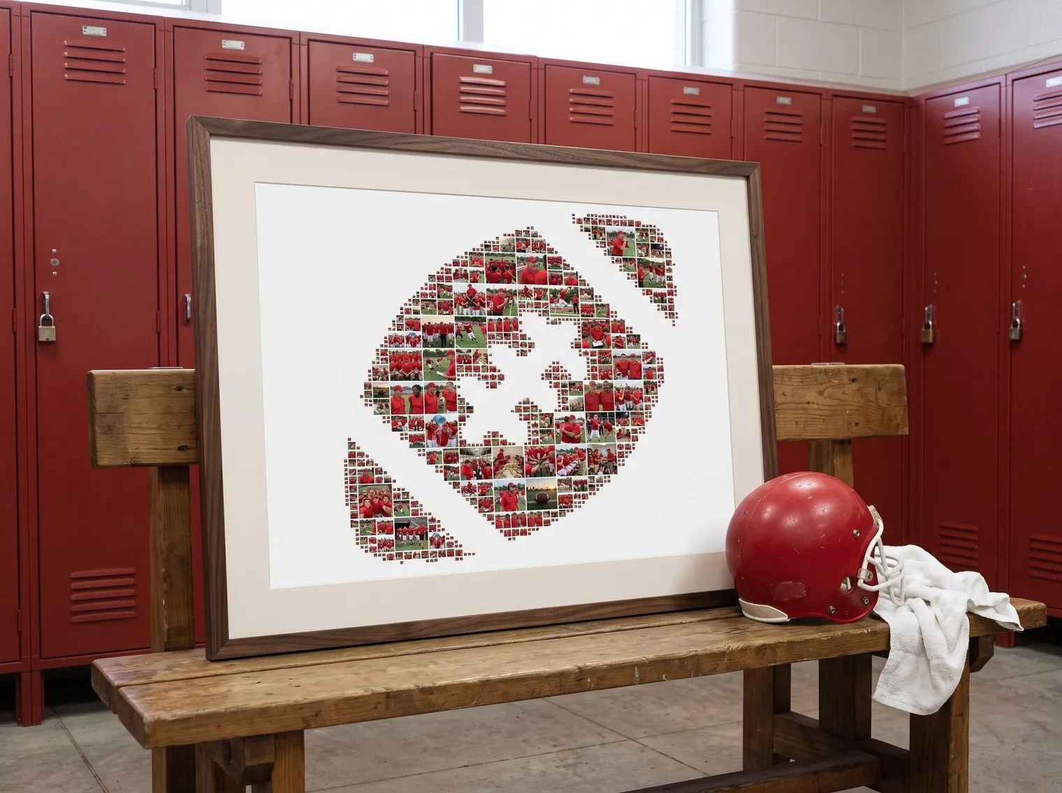 The American football photo collage in a walnut frame with a white mat on a locker-room bench in front of red lockers, with a red helmet beside it