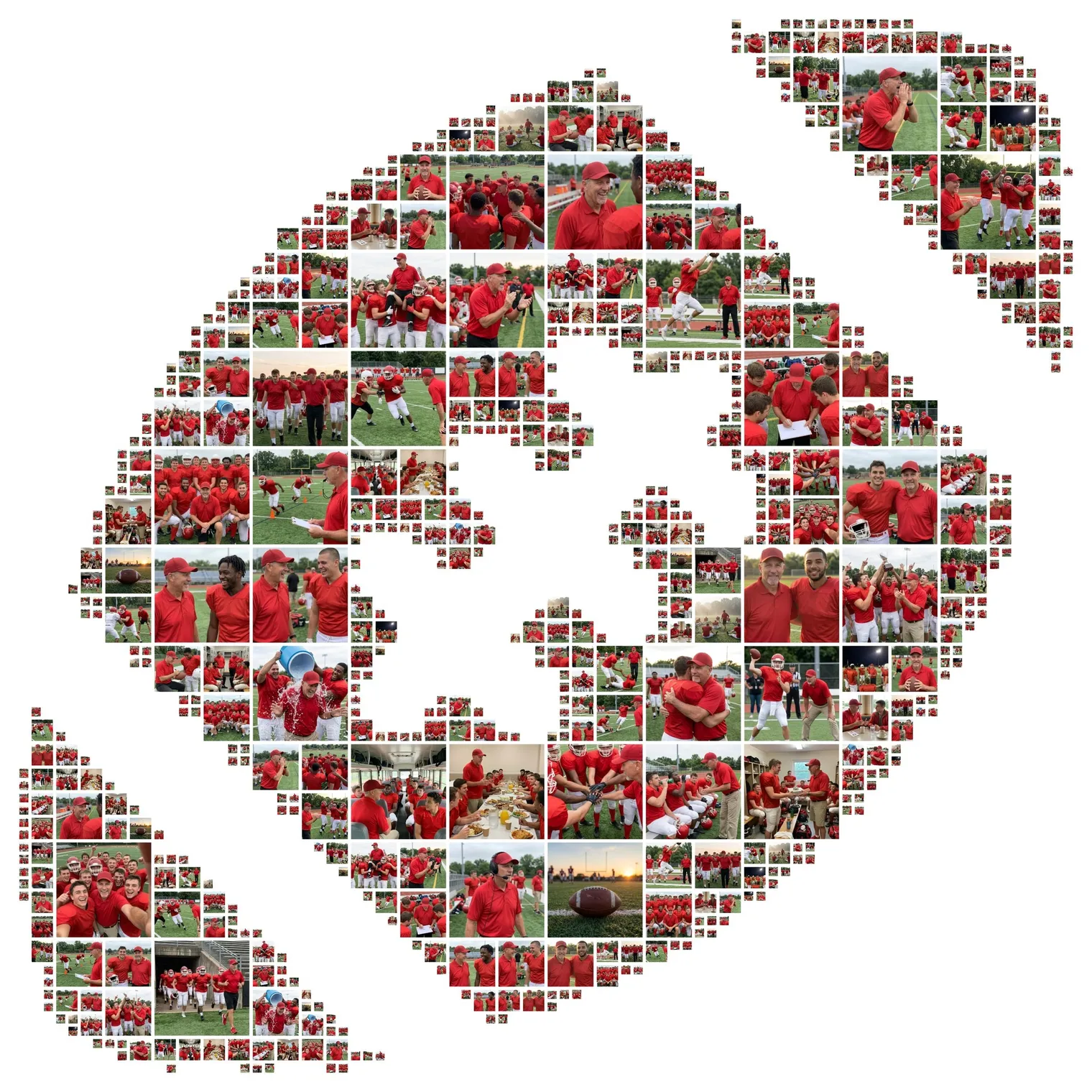 American-football-shaped photo collage made of photos of an adult amateur American football team in red and their coach