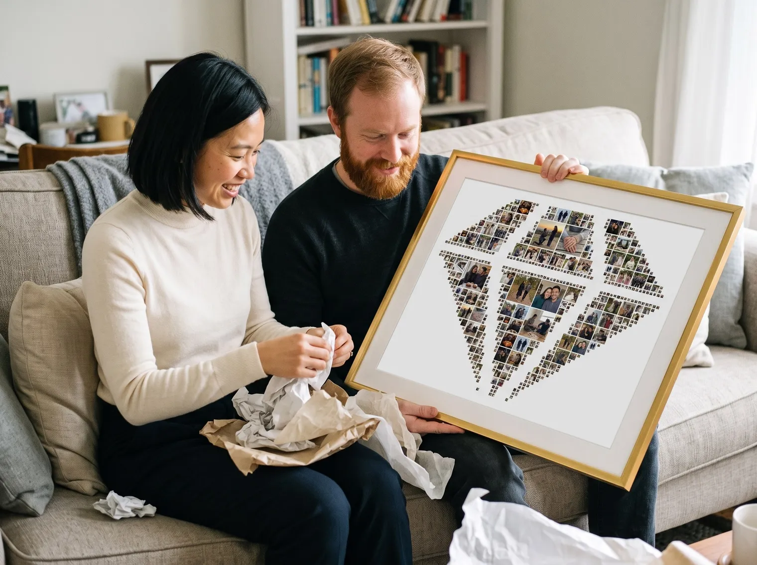 Couple on a sofa unwrapping a diamond-shaped photo collage in a gold frame as a first anniversary gift