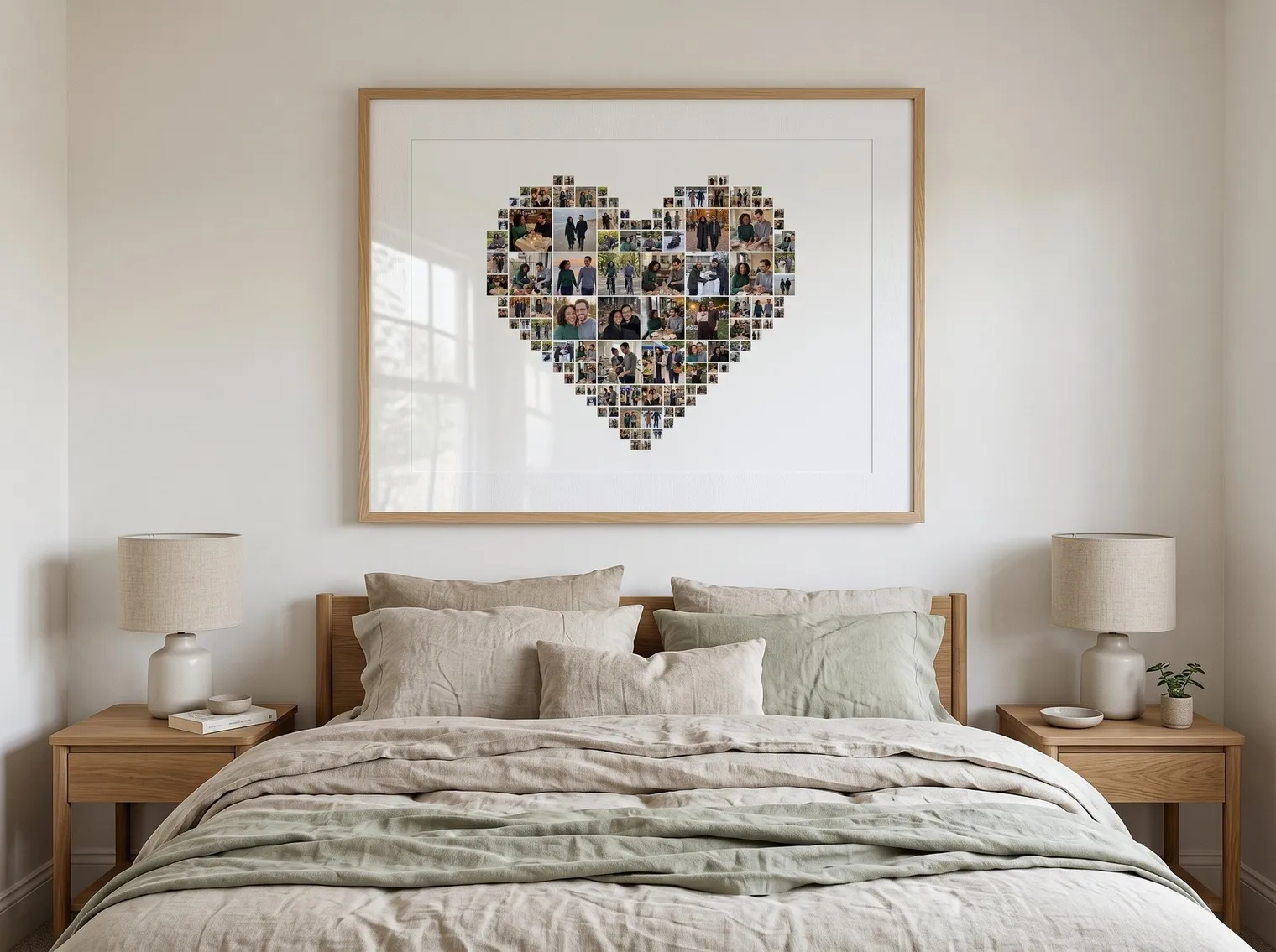 Heart anniversary photo collage framed above a bed