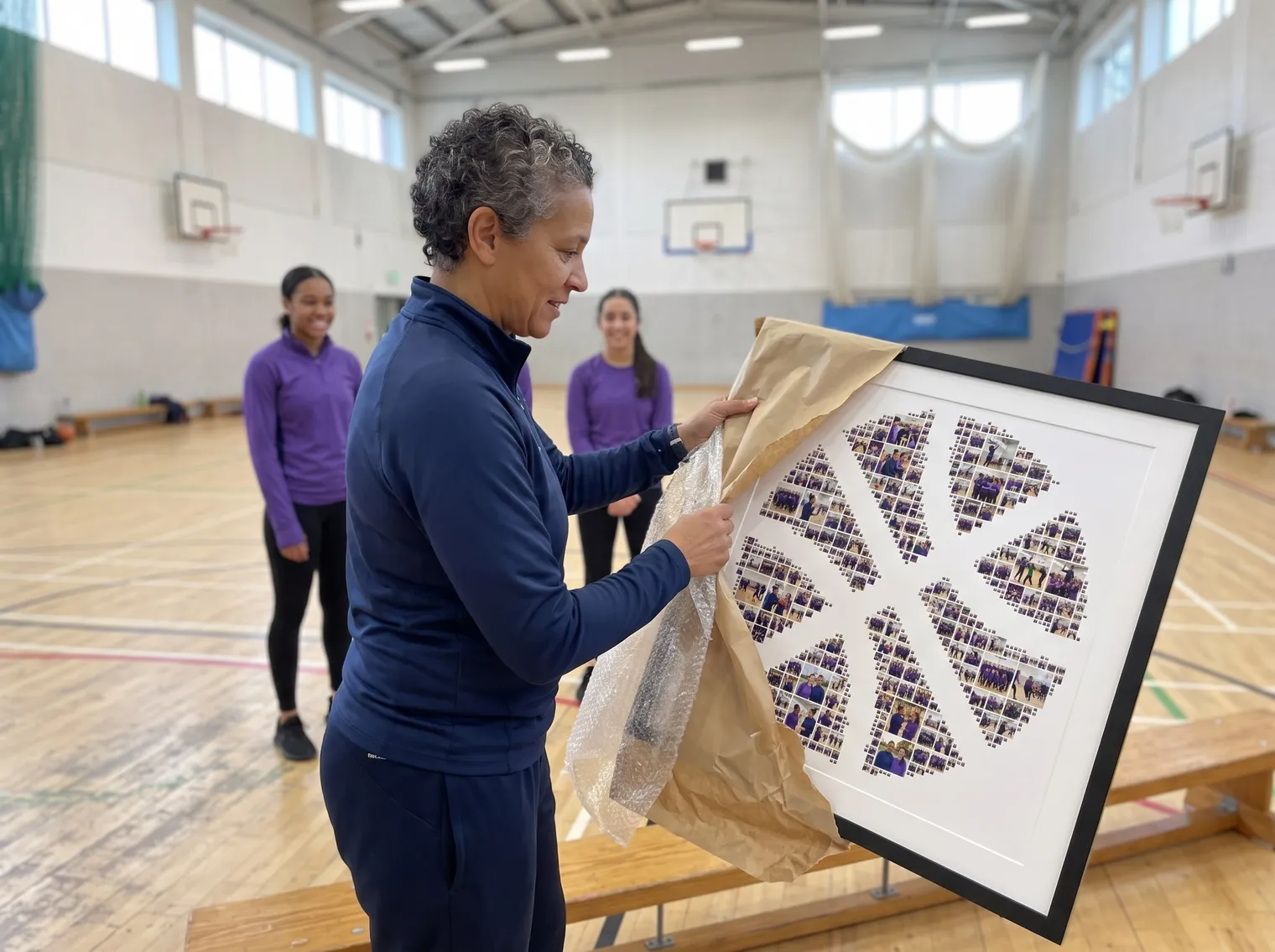 Basketball coach with short curly grey hair unwrapping a basketball photo collage in a black frame, two players smiling