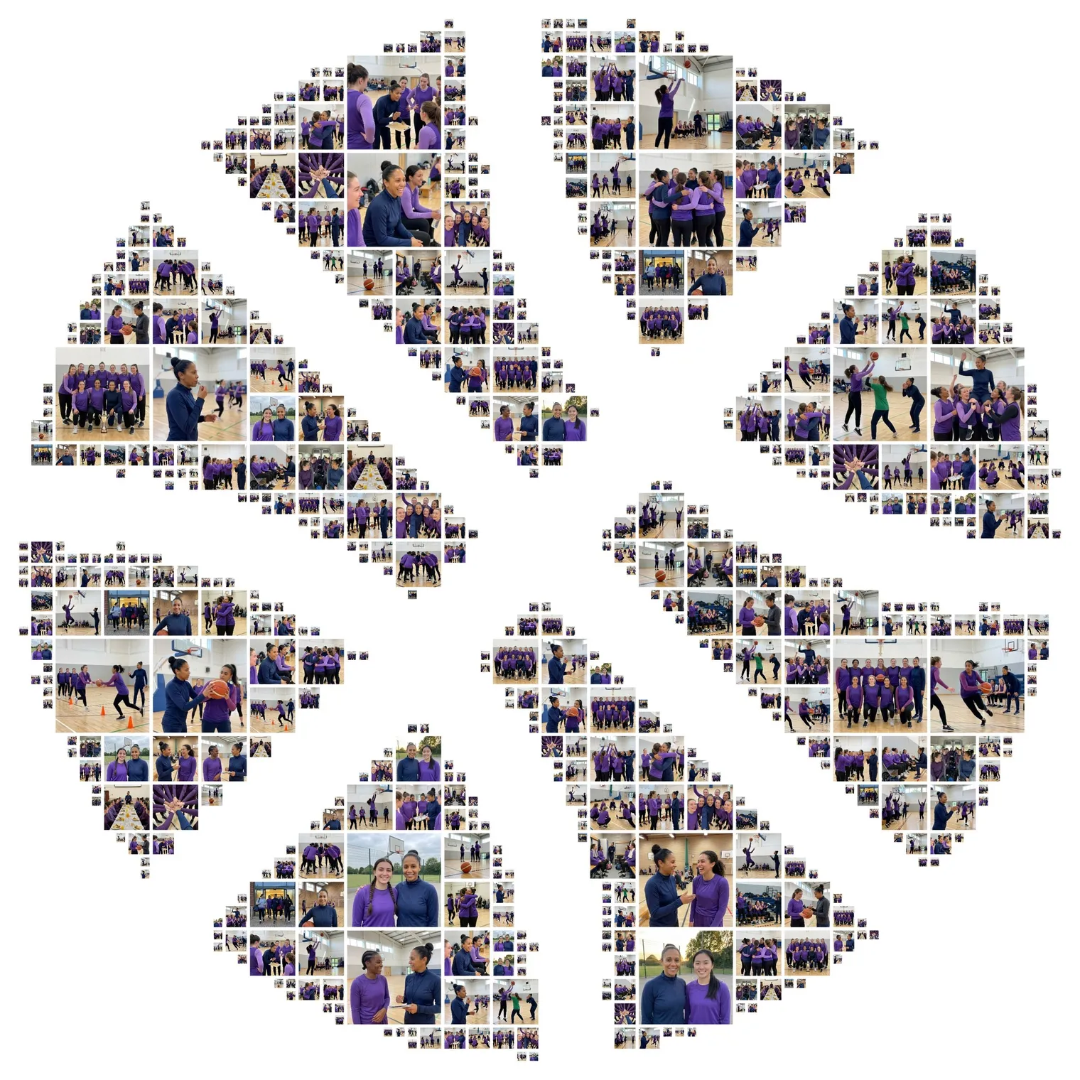 Basketball-shaped photo collage made of photos of an adult women’s basketball team in purple long-sleeved tops and full-length leggings, with their coach