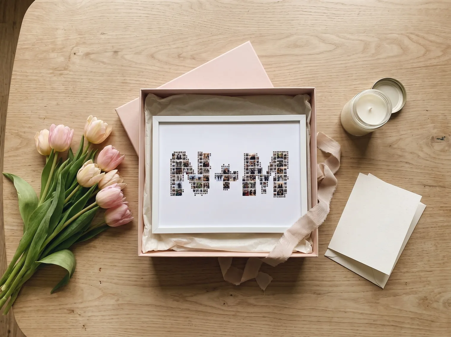 N+M initials photo collage in a white frame inside a pastel gift box with ribbon, tulips, a candle and a blank card