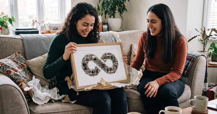 Woman unwrapping an infinity-shaped photo collage in an oak frame on a sofa while her best friend laughs beside her