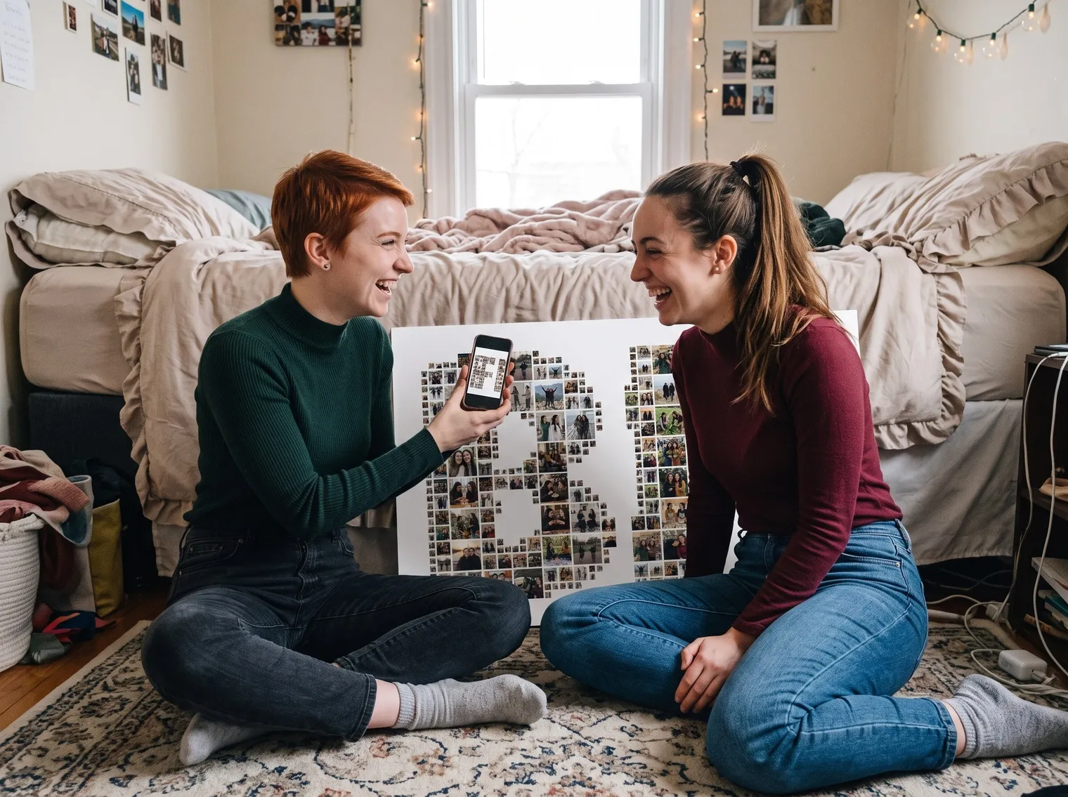 Two friends laughing on a bedroom floor, one showing the BFF photo collage on her phone, the printed poster behind them