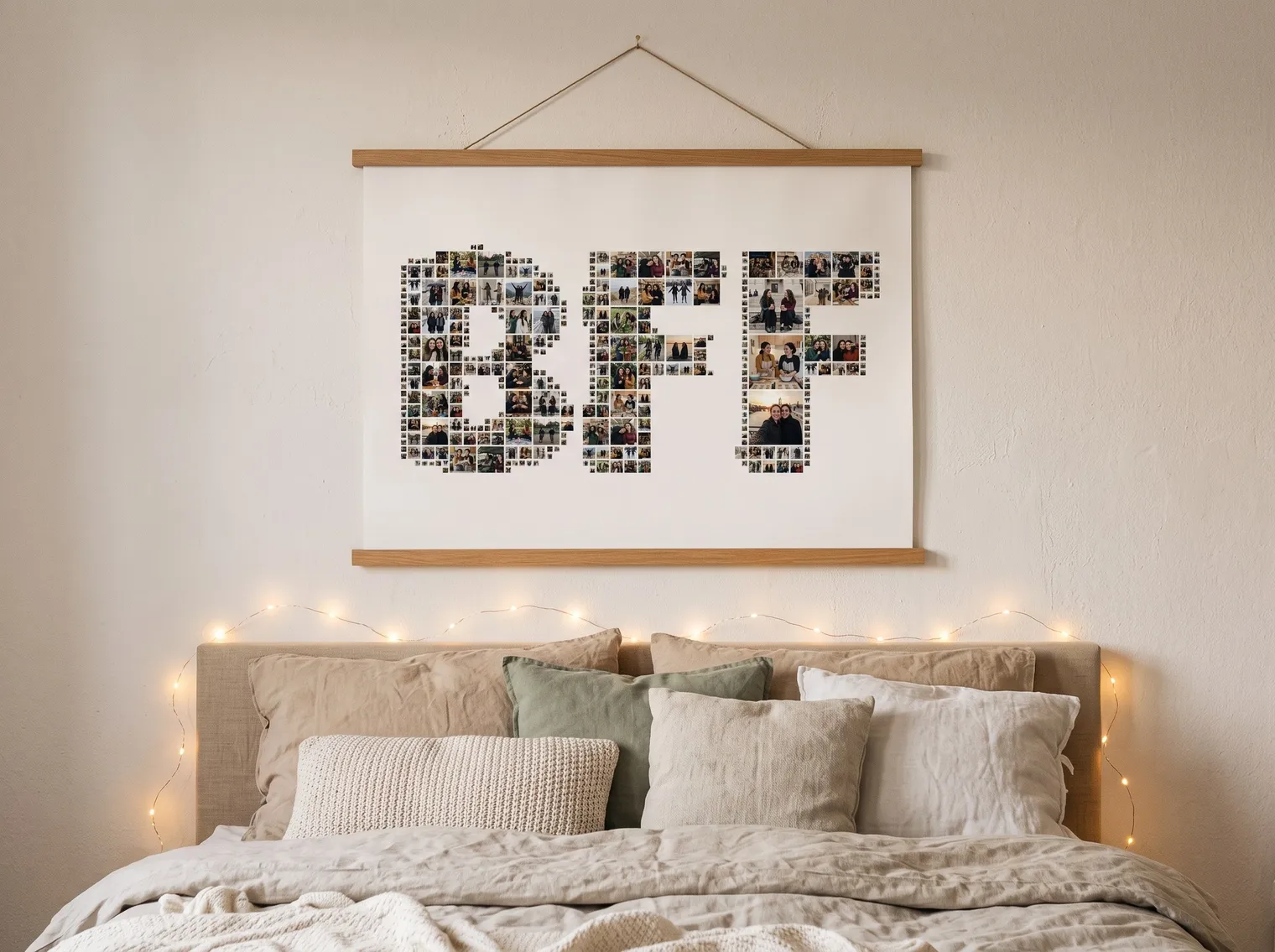 The BFF photo collage printed as a poster in a wooden clip hanger on a bedroom wall above a bed with cushions and fairy lights