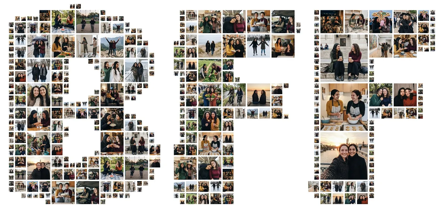 The letters BFF in rounded bold letters made of photos of two best friends
