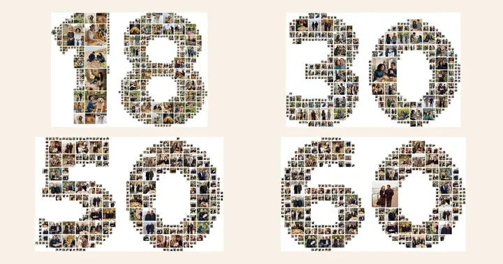 Number 18, 30, 50 and 60 birthday photo collages in a grid, each filled with small photos