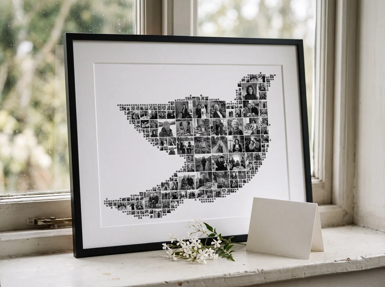 Black-and-white dove memorial collage in a black frame on a windowsill with small white flowers and a blank card
