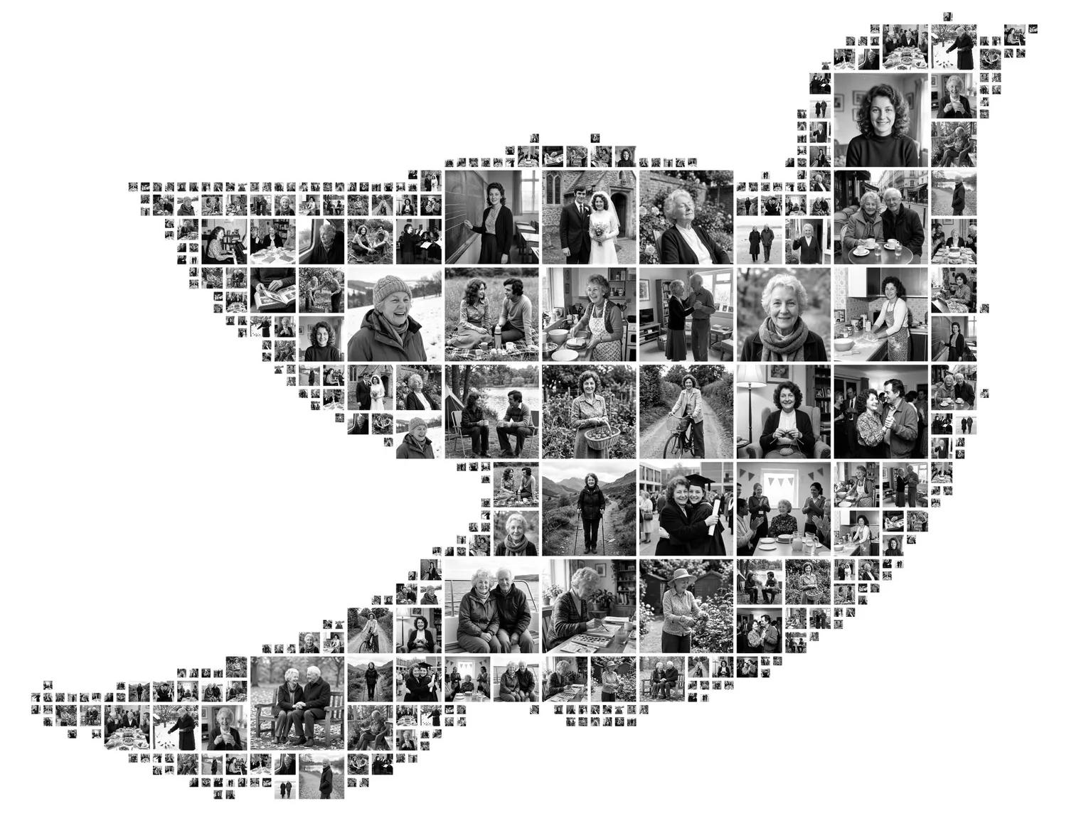 Bird-shaped (dove) memorial photo collage made of the same photos converted to black and white