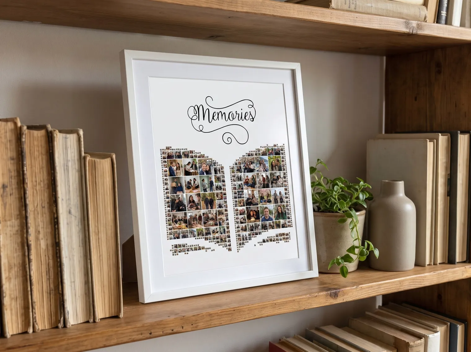 The open-book photo collage in a white frame on a bookshelf
