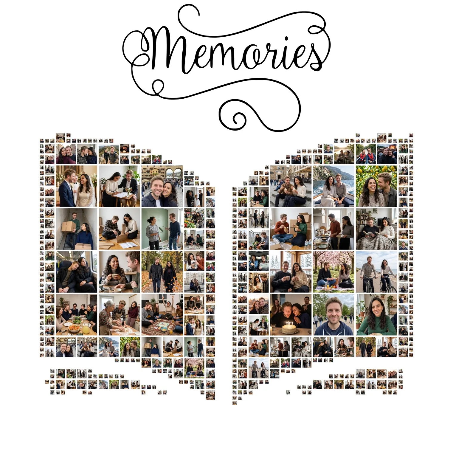 Open-book-shaped photo collage made of about 40 photos, with the script sticker Memories above it