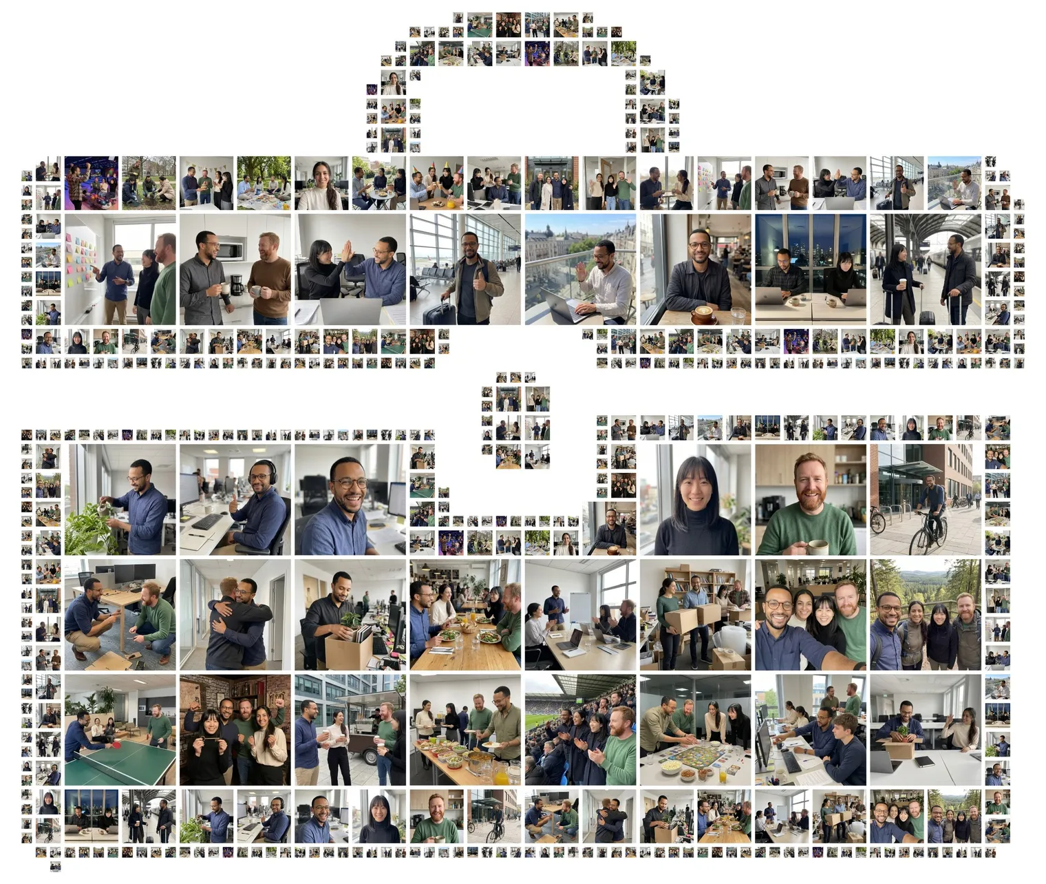 Briefcase-shaped photo collage made of photos of an office team