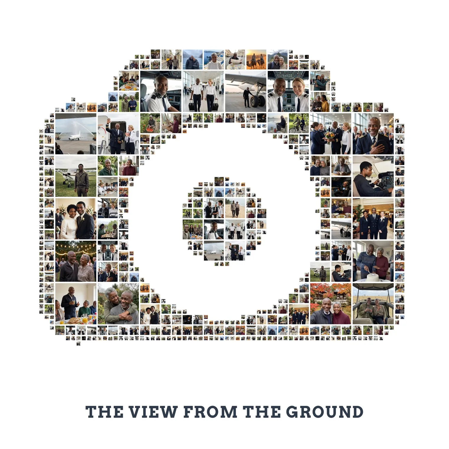 Camera-shaped photo collage made of about 40 photos, with the text line THE VIEW FROM THE GROUND below it