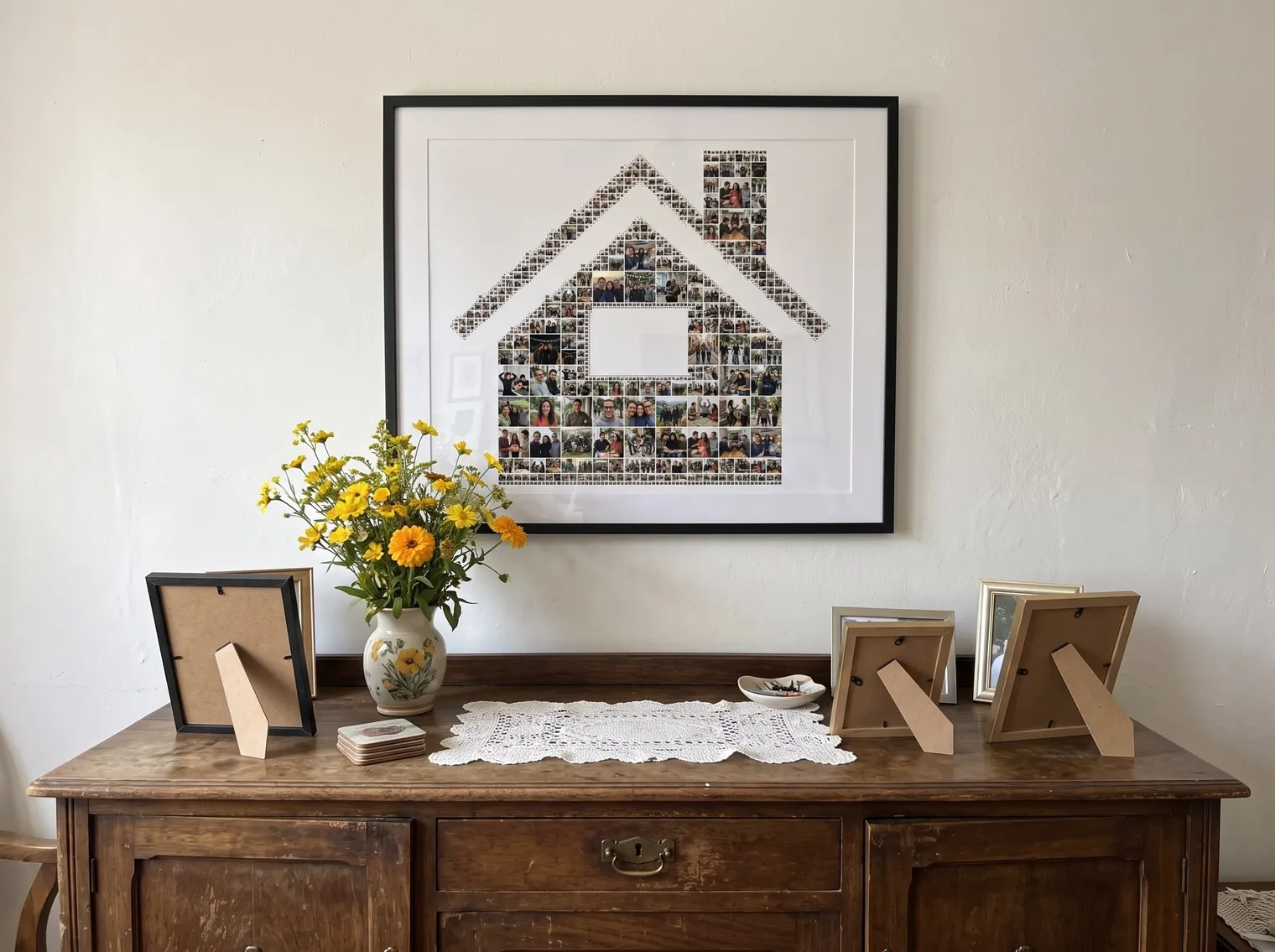 The house collage in a black frame above an old wooden sideboard in a parents’ living room