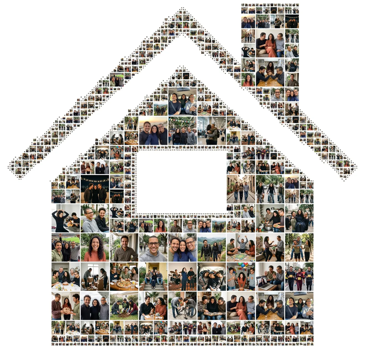 A house-shaped photo collage with a chimney made of photos of three grown-up siblings, a childhood home collage