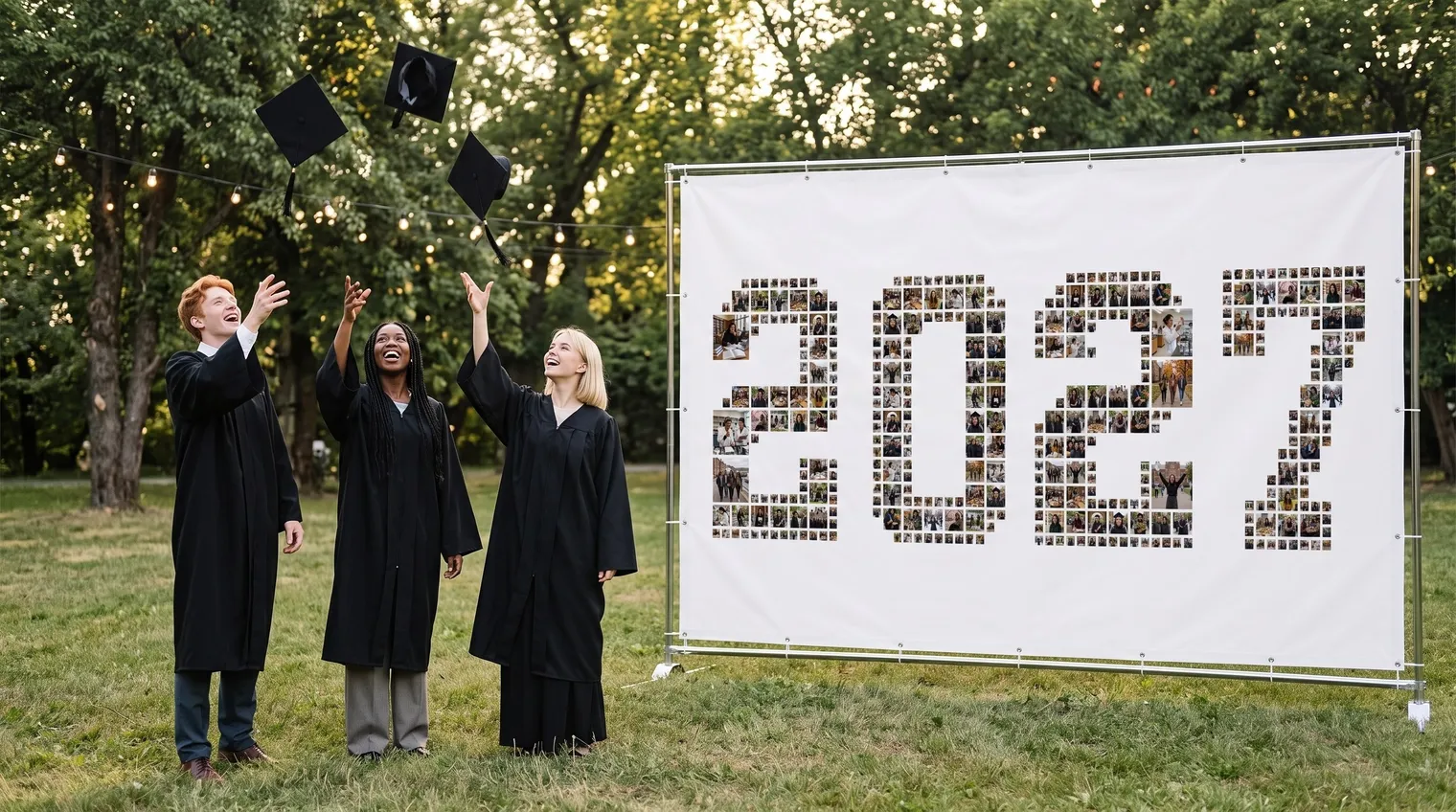 Three graduates in gowns tossing their caps beside the class of 2027 photo collage as a wide banner at a garden party