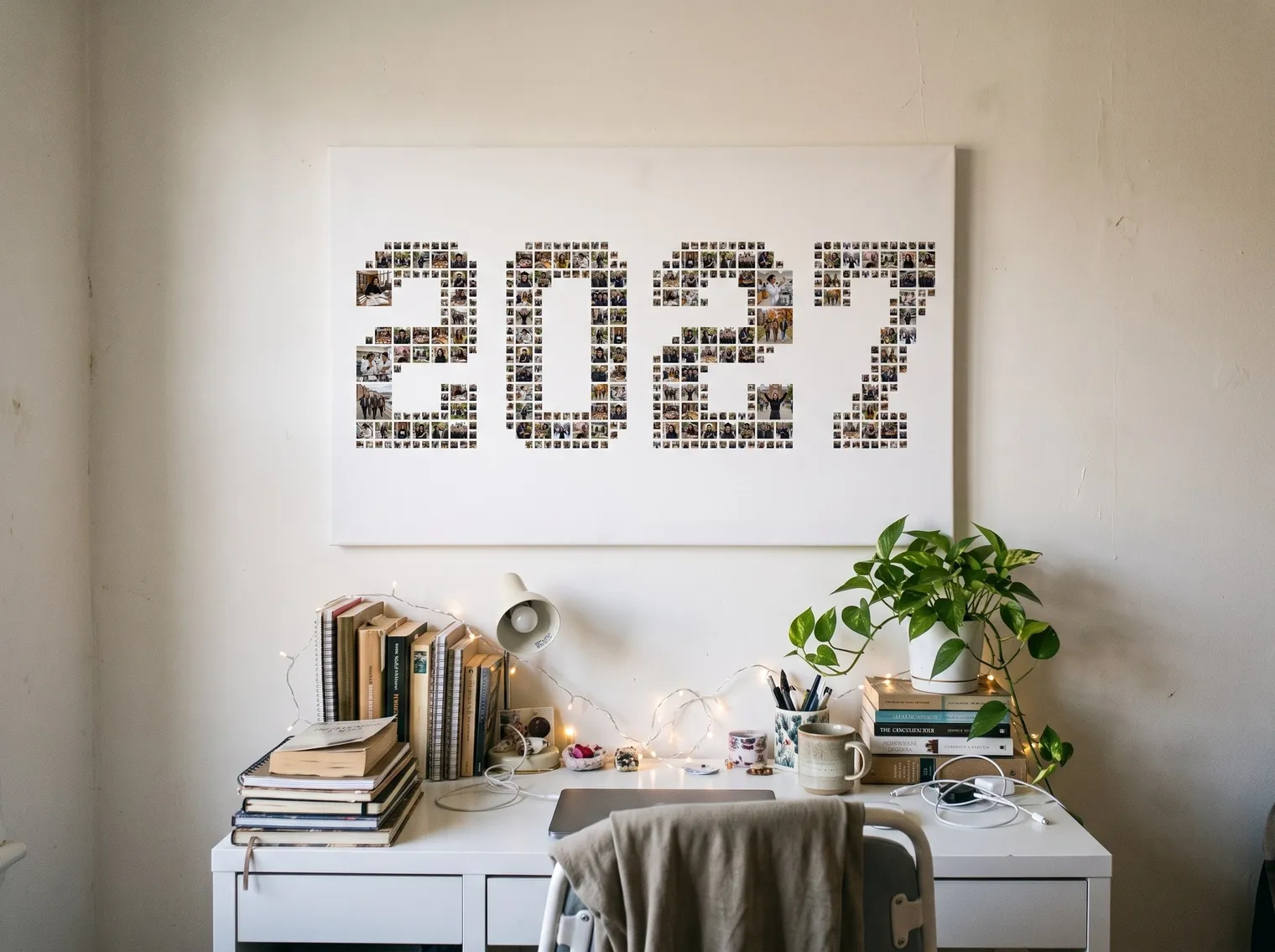 The 2027 photo collage as a frameless canvas above a white desk in a young woman’s bedroom with books, a lamp and fairy lights