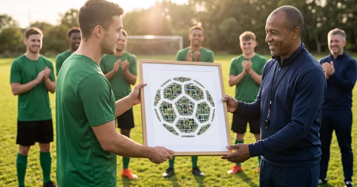 A team captain in a green jersey hands the smiling coach in a navy tracksuit a soccer-ball-shaped photo collage in a light oak frame on a grass pitch sideline while teammates clap
