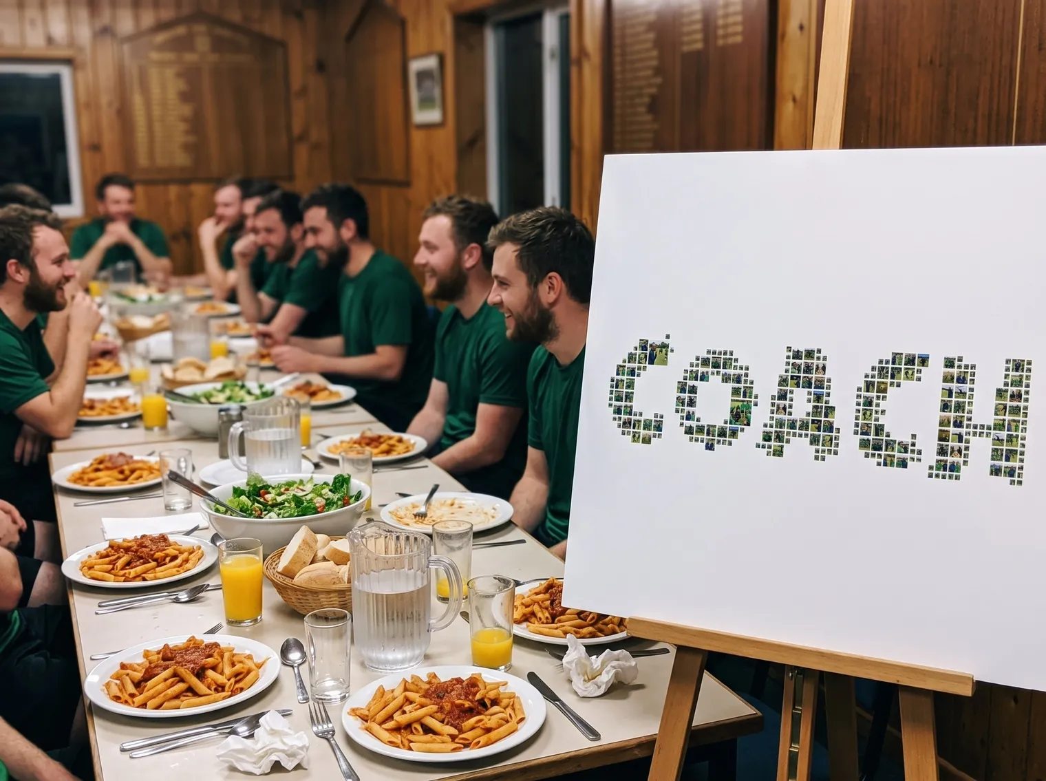The COACH photo collage printed on white foam board on a wooden easel at an end-of-season team dinner with pasta, salad, water jugs and orange juice on the table