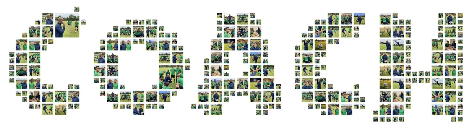The word COACH in rounded bold letters made of team photos