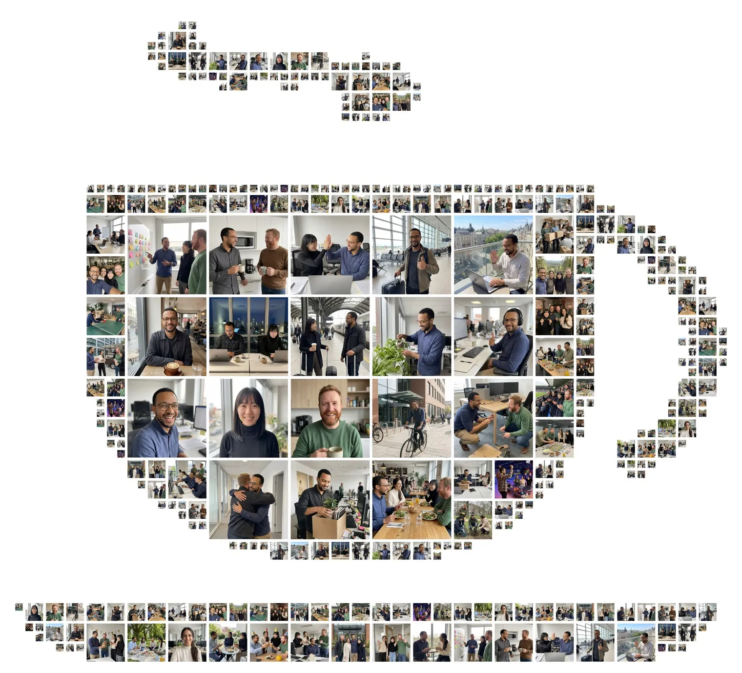 Coffee-cup-shaped photo collage on a saucer with steam, made of photos of coworkers