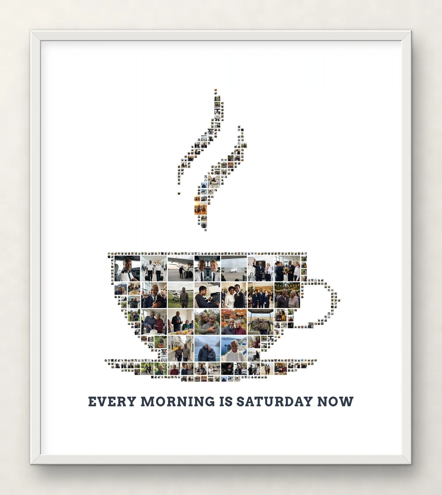 The coffee cup photo collage in a matte-white frame with a white mat on a wall