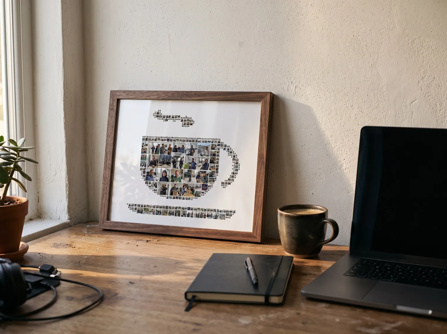 The coffee-cup photo collage in a small walnut frame on a home-office desk beside a laptop and a mug of coffee