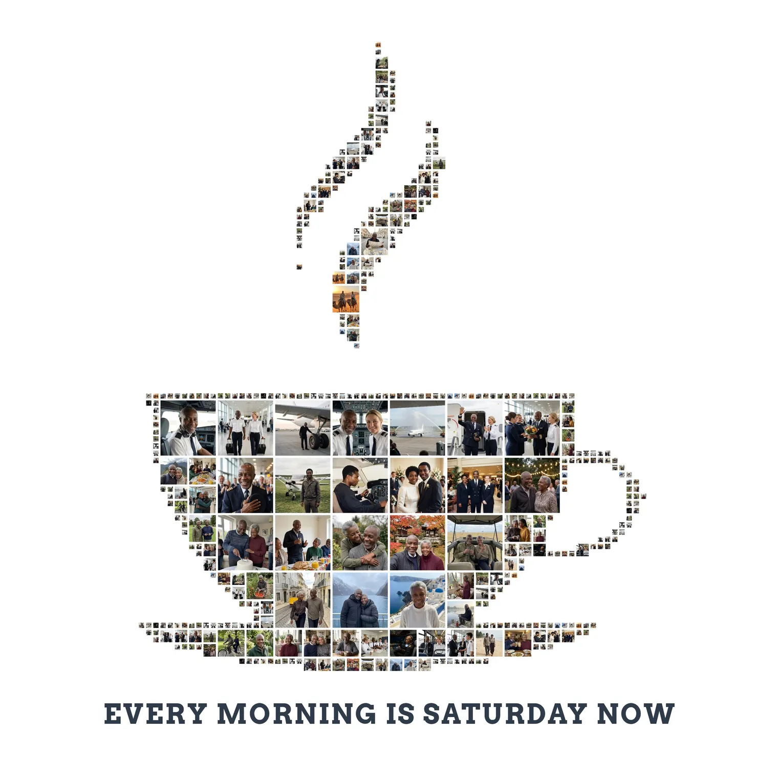 Coffee-cup-shaped photo collage made of about 40 photos, with the text line EVERY MORNING IS SATURDAY NOW below it
