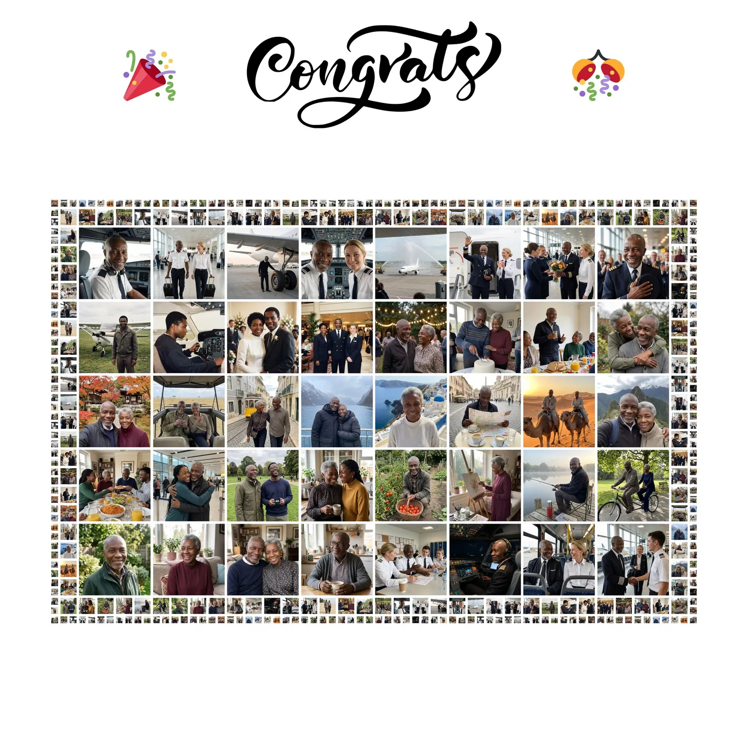 Rectangular grid photo collage of about 40 photos with the script sticker Congrats above it between a party popper emoji and a confetti ball emoji