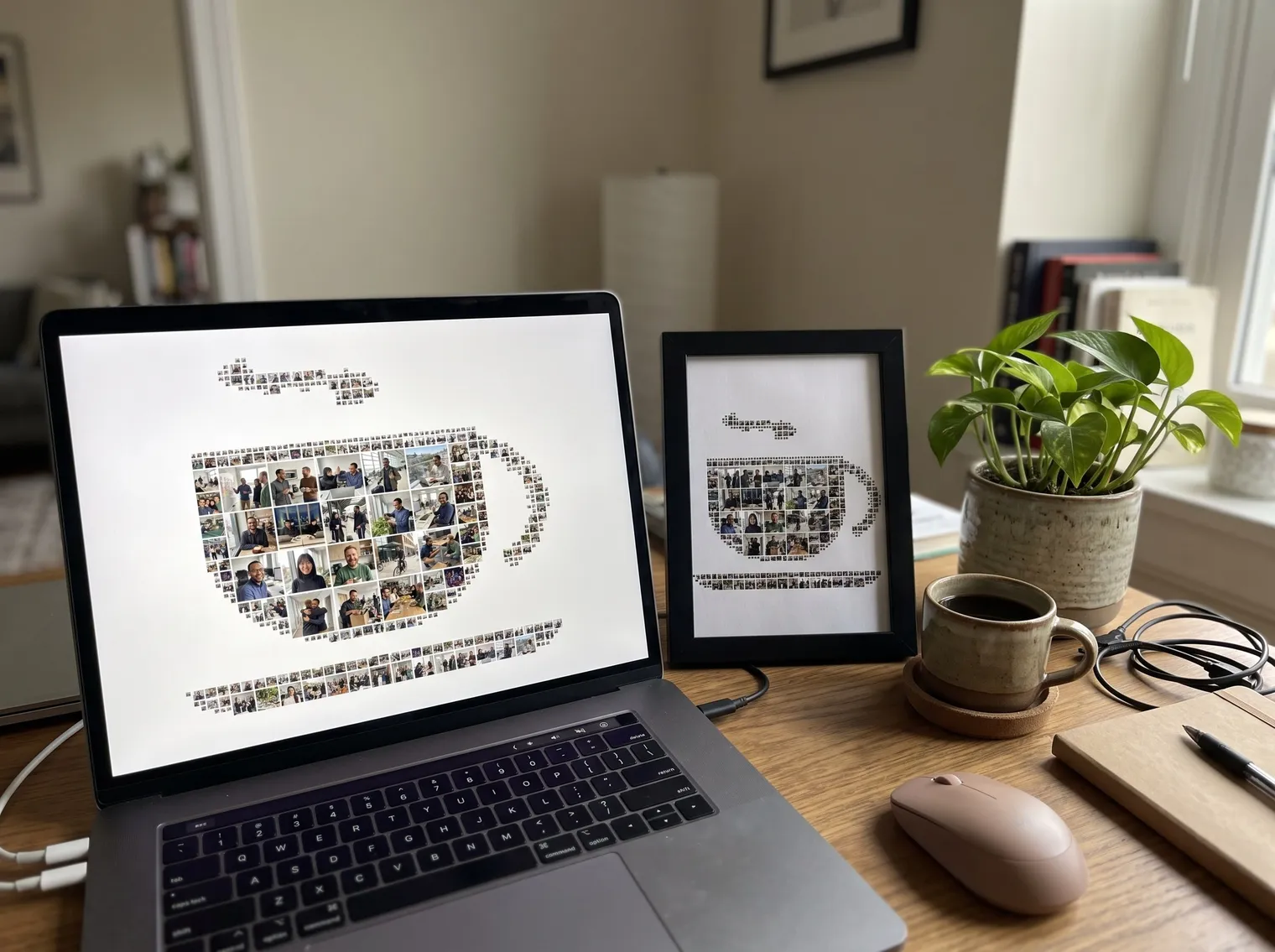 Laptop showing a coffee-cup photo collage next to the same collage printed in a small black frame on a home-office desk