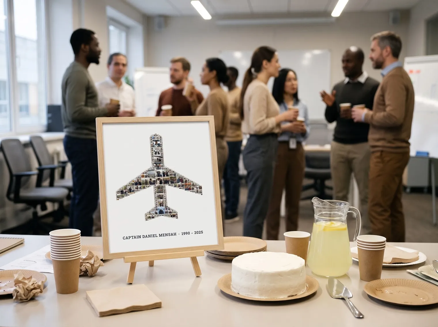 The airplane photo collage on a small easel on an office farewell table with a plain cake, lemonade and paper cups, colleagues chatting behind