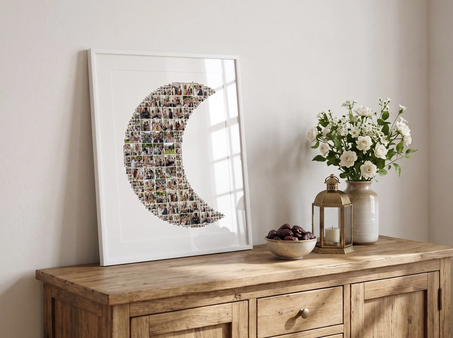 Crescent moon photo collage in a white frame on a sideboard with dates, a brass lantern and white flowers