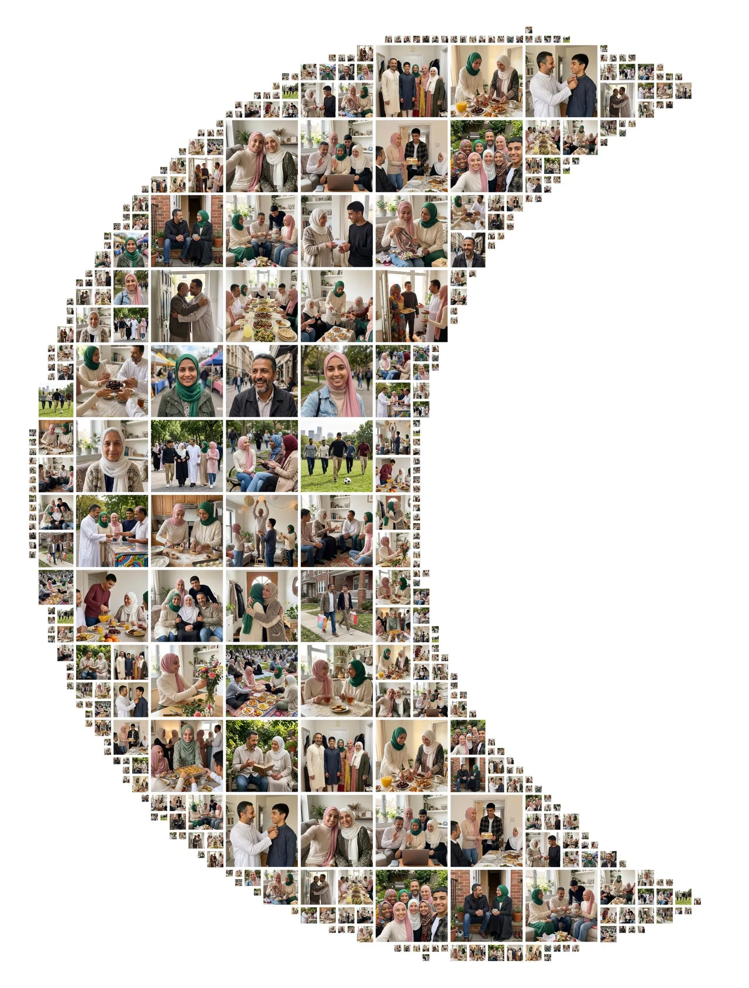 A crescent moon shape made of example photos, a crescent moon photo collage for Eid