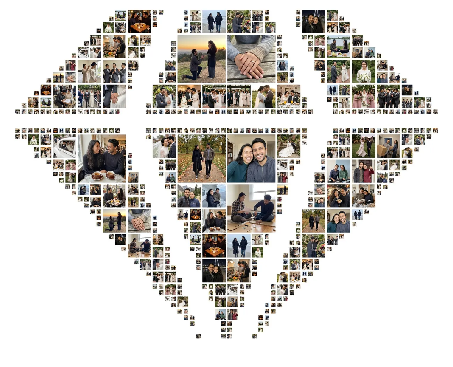 Custom diamond-shaped photo collage with thin white facet lines, made of photos of a couple’s wedding day