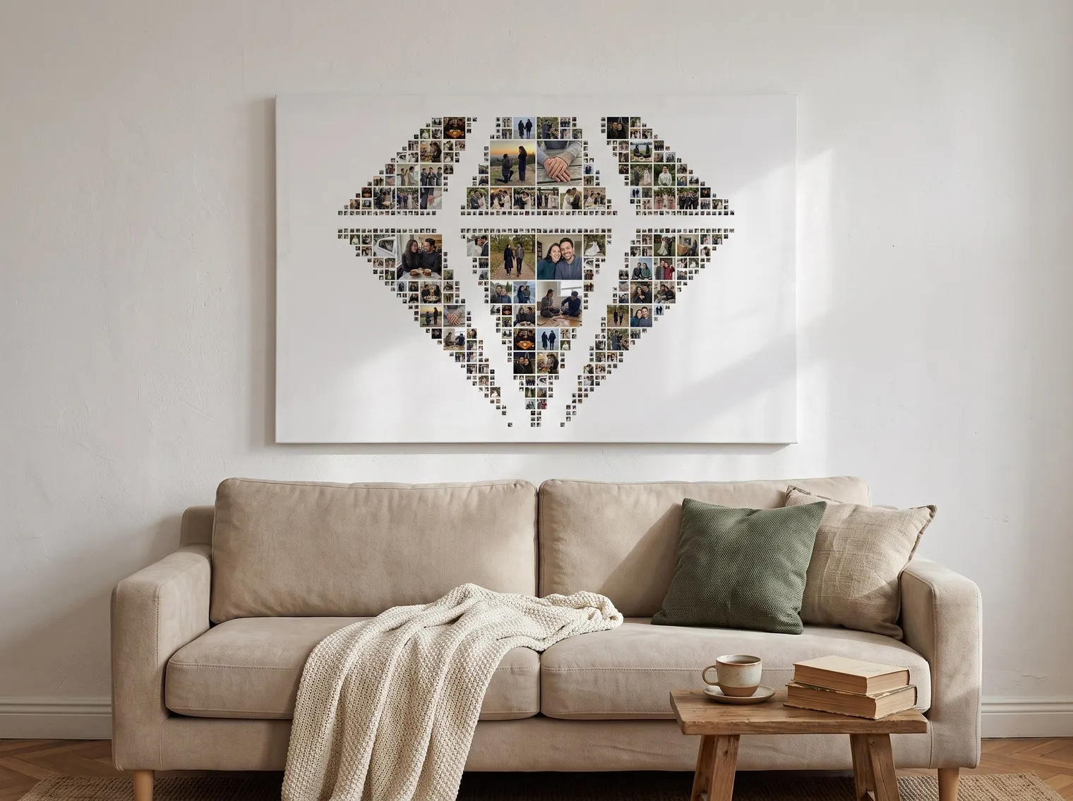The diamond wedding collage as a large frameless canvas above a beige sofa
