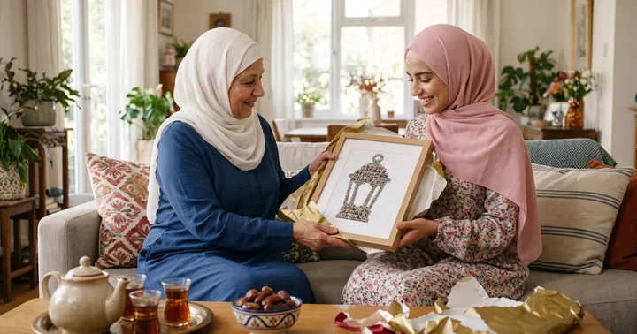 On Eid morning an older woman in a white headscarf hands a younger woman in a soft pink hijab a lantern-shaped photo collage in an oak frame