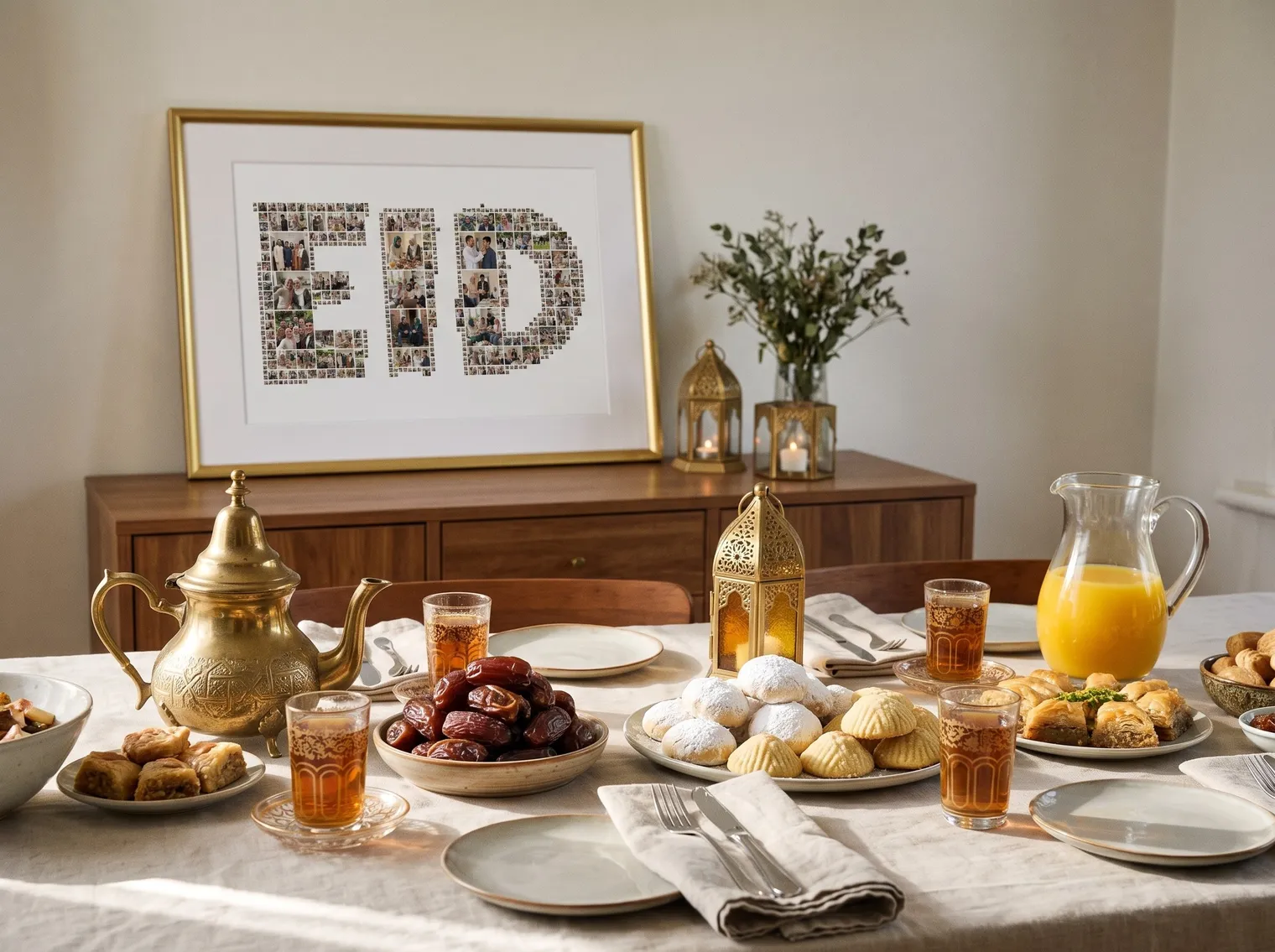 The EID collage in a gold frame on a sideboard beside an Eid breakfast table with dates, pastries, tea glasses and orange juice